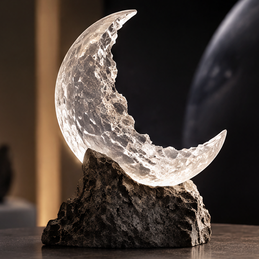 LED crystal crescent moon sculpture raw rock base — clean product shot