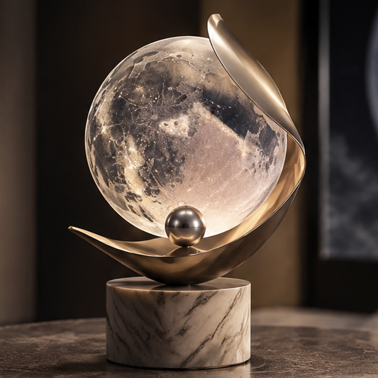 Crystal moon globe brass holder white marble — clean product shot