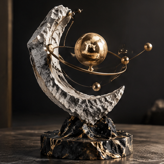 Raw stone moon crescent orrery gold globe — clean product shot