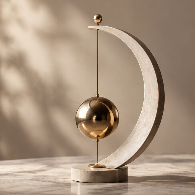 Gold pendulum crescent moon balance sculpture — clean product shot