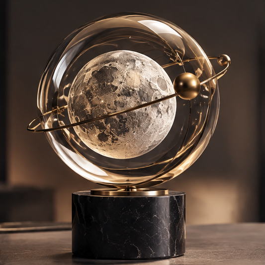 Crystal glass moon sphere brass ring black marble — clean product shot