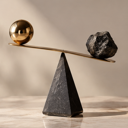 Gold sphere and raw stone balance sculpture — clean product shot