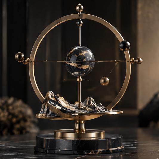 Cosmic mountain orrery globe brass ring — clean product shot