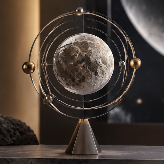 Moon globe multi-ring brass orrery cone base — clean product shot