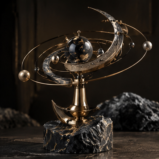 Black gold orrery celestial globe — clean product shot