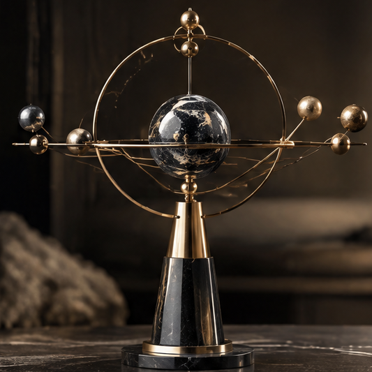 Celestial orrery planet globe brass cone — clean product shot