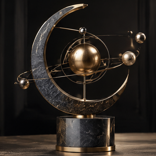 Gold globe crescent moon marble orrery — clean product shot