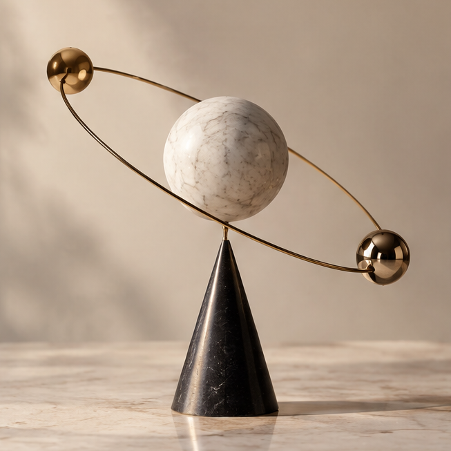 Marble orbit balance sculpture — clean product shot