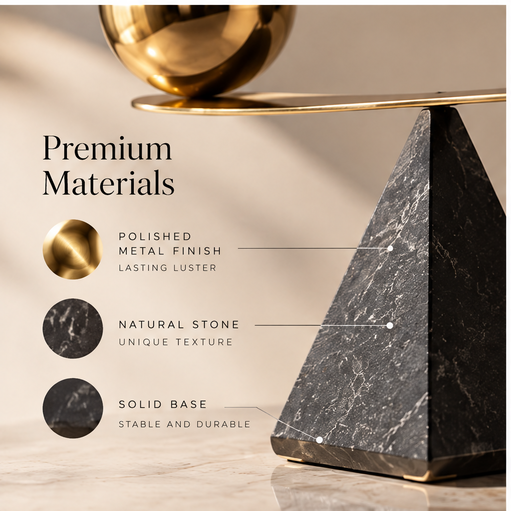 Premium materials — polished metal, natural stone, solid black marble base