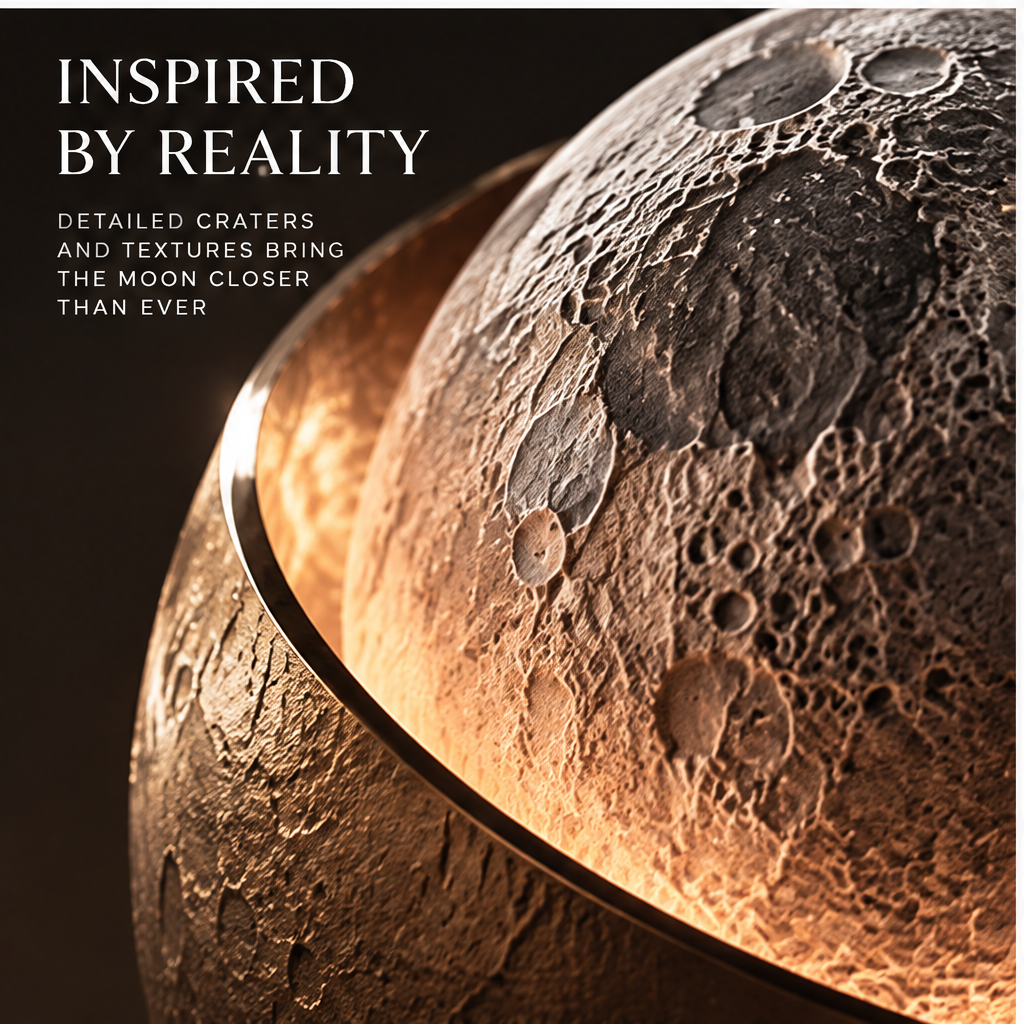 Crafted in detail — realistic lunar surface texture, premium metal finish, warm ambient lighting, stable base