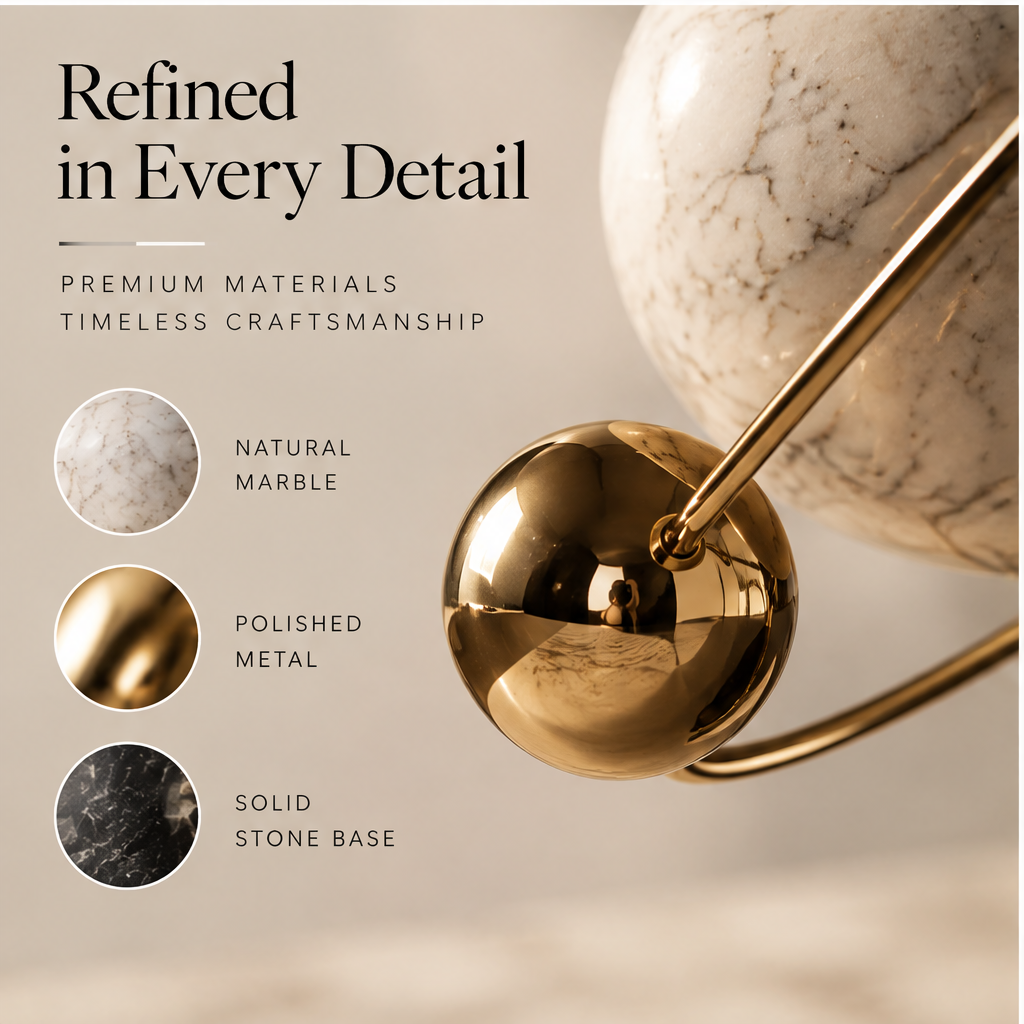 Refined in every detail — natural marble, polished metal, solid stone base